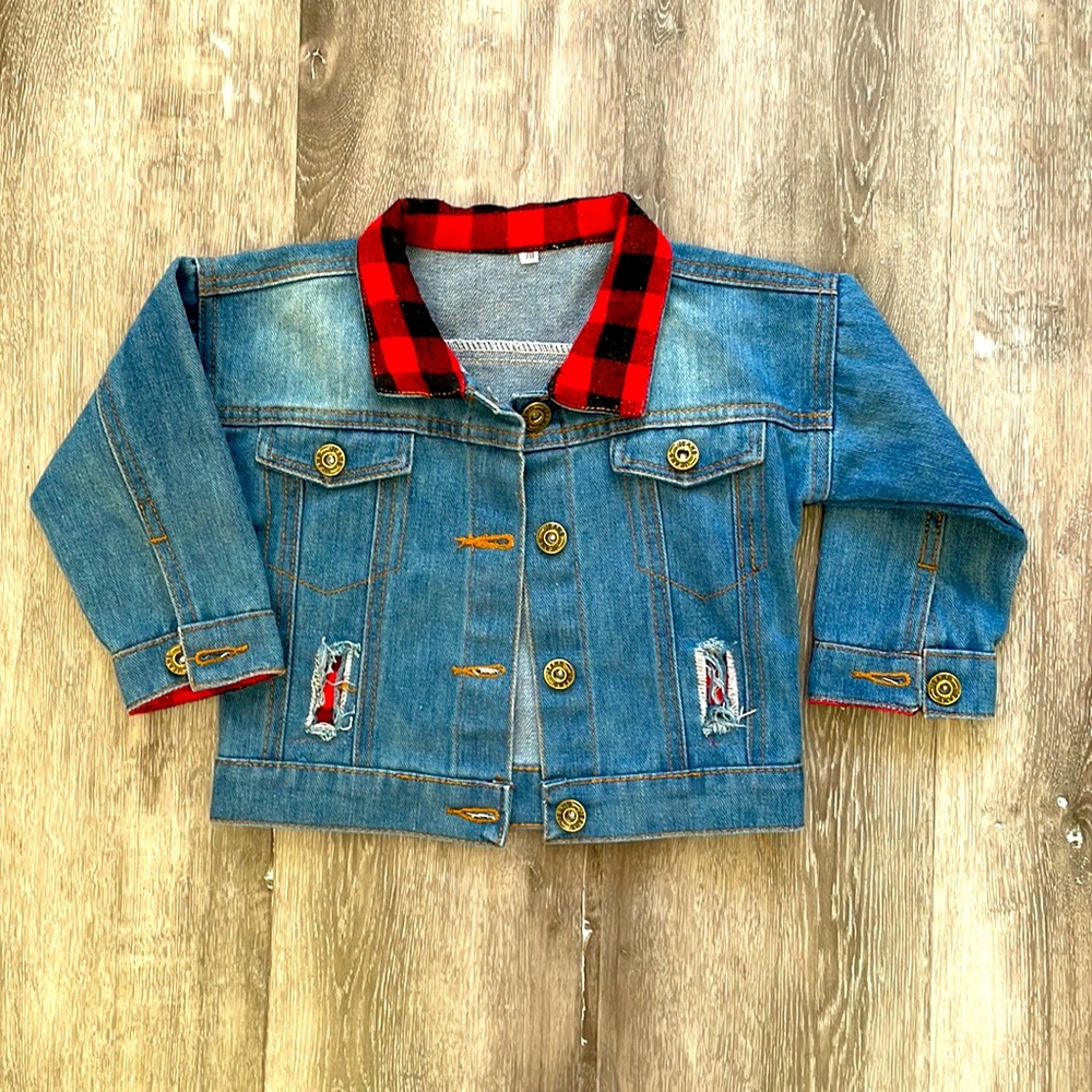 Jean Jacket with Red and Black Buffalo Print Details